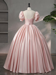 Beautiful Pink Scoop Neck Satin Floor Length Prom Dresses, A-Line Short Sleeve Evening Dresses with Bow