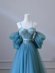 Fairy Blue Spaghetti Straps Corset Tulle Prom Dresses, Detachable off Shoulder Party Dresses