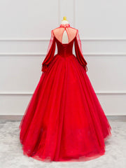 Red Velvet Tulle Floor Length Prom Dresses, Beautiful Long Sleeve Evening Party Dresses