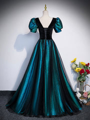 Unique Black Velvet and Tulle Long Prom Dresses, A-Line Short Sleeve Evening Party Dresses