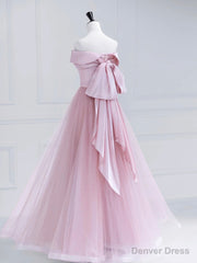 Pink Satin Tulle Long Prom Dress, Pink Off Shoulder Evening Dress