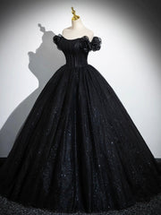 Sparkly Tulle Black Sweetheart Ball Gown, A-Line Off the Shoulder Evening Dresses