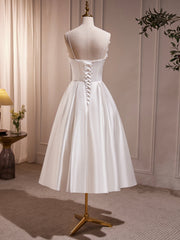 White Spaghetti Strap Satin Short Prom Dresses, White V-Neck Evening Party Dresses