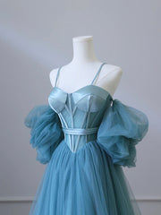 Fairy Blue Spaghetti Straps Corset Tulle Prom Dresses, Detachable off Shoulder Party Dresses