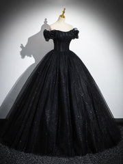 Sparkly Tulle Black Sweetheart Ball Gown, A-Line Off the Shoulder Evening Dresses