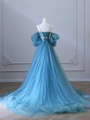 Fairy Blue Spaghetti Straps Corset Tulle Prom Dresses, Detachable off Shoulder Party Dresses