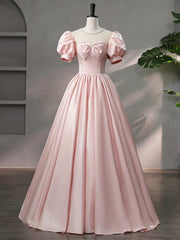 Beautiful Pink Scoop Neck Satin Floor Length Prom Dresses, A-Line Short Sleeve Evening Dresses with Bow