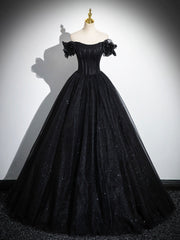 Sparkly Tulle Black Sweetheart Ball Gown, A-Line Off the Shoulder Evening Dresses