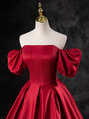 Burgundy Satin Off the Shoulder Formal Dresses, A-Line Burgundy Evening Dresses