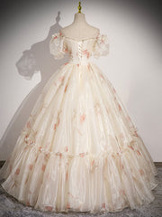 Champagne Floral Tulle Long Prom Dresses, Beautiful Short Sleeve A-Line Evening Party Dresses