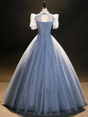 Blue Tulle Long A-Line Prom Dresses, Beautiful Short Sleeve Evening Party Dresses