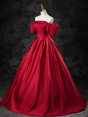 Burgundy Satin Off the Shoulder Formal Dresses, A-Line Burgundy Evening Dresses