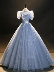 Blue Tulle Long A-Line Prom Dresses, Beautiful Short Sleeve Evening Party Dresses