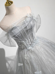 A-Line Off the Shoulder Sparkly Prom Dresses, Gray Tulle Corset Floor Length Evening Dresses