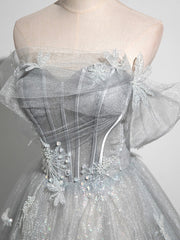 A-Line Off the Shoulder Sparkly Prom Dresses, Gray Tulle Corset Floor Length Evening Dresses