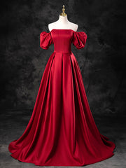 Burgundy Satin Off the Shoulder Formal Dresses, A-Line Burgundy Evening Dresses