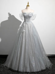 A-Line Off the Shoulder Sparkly Prom Dresses, Gray Tulle Corset Floor Length Evening Dresses