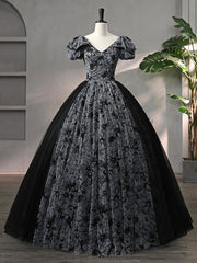 Beautiful Black Rhinestone Flower Prom Dresses, Black V-Neck Short Sleeve Evening Dresses