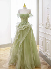 Green Tulle Long Floor Length Prom Dresses, Beautiful A-Line Evening Party Dresses with Lace