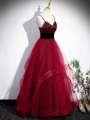 Burgundy Spaghetti Strap Tulle Long Corset Prom Dresses, A-Line Evening Party Dresses