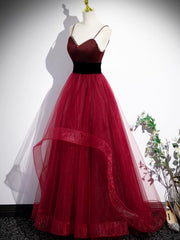 Burgundy Spaghetti Strap Tulle Long Corset Prom Dresses, A-Line Evening Party Dresses