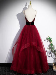 Burgundy Spaghetti Strap Tulle Long Corset Prom Dresses, A-Line Evening Party Dresses