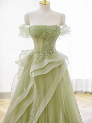 Green Tulle Long Floor Length Prom Dresses, Beautiful A-Line Evening Party Dresses with Lace