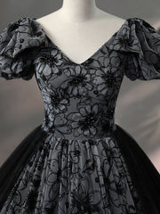 Beautiful Black Rhinestone Flower Prom Dresses, Black V-Neck Short Sleeve Evening Dresses