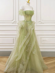 Green Tulle Long Floor Length Prom Dresses, Beautiful A-Line Evening Party Dresses with Lace