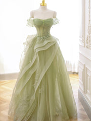 Green Tulle Long Floor Length Prom Dresses, Beautiful A-Line Evening Party Dresses with Lace