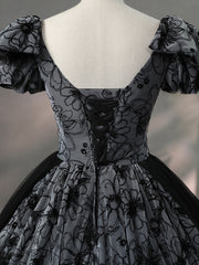 Beautiful Black Rhinestone Flower Prom Dresses, Black V-Neck Short Sleeve Evening Dresses