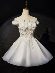 White Flowers Lace Short Prom Dresses, Lovely A-Line Evening Party Dresses