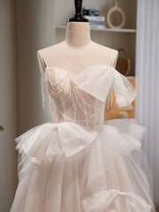 Light Champagne Tulle Long Princesse Dresses, Lovely Spaghetti Straps Evening Party Dresses