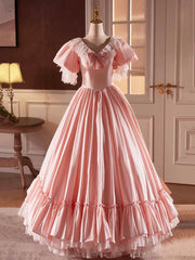 Pink Satin Lace Long Prom Dresses, Beautiful A-Line V-Neck Evening Dresses