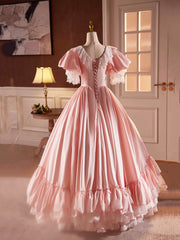 Pink Satin Lace Long Prom Dresses, Beautiful A-Line V-Neck Evening Dresses