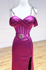 Magenta Sweetheart Belted A-Line Prom Dresses with Slit