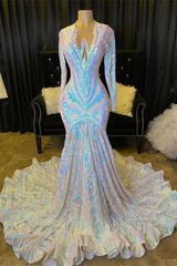 Mermaid Asymmetrical Sequined Floor-length Long Sleeve Appliques Lace Prom Dresses