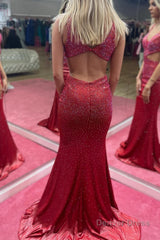 Mermaid Deep V Neck Burgundy Cut Out Long Prom Dress with Beading