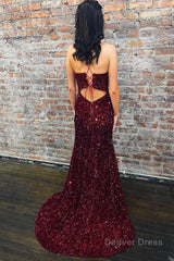 Mermaid Deep V Neck Burgundy Sequins Long Prom Dress with Silt