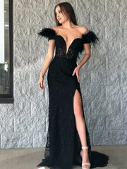 Mermaid Deep V Neck Feather Lace Long Prom Dresses