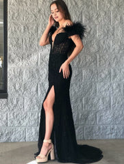 Mermaid Deep V Neck Feather Lace Long Prom Dresses