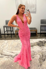 mermaid deep v neck pink long prom dress with appliques