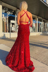 Mermaid Deep V Neck Red Sequins Long Prom Dress with Open Back