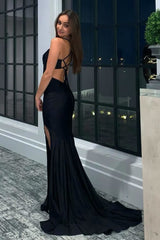 Mermaid Halter Neck Jersey Prom Dresses with Slit