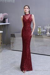 Mermaid Halter Sleeveless See-Through Sequins Floor Length Prom Dresses