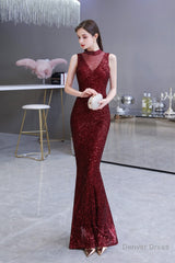 Mermaid Halter Sleeveless See-Through Sequins Floor Length Prom Dresses