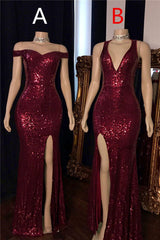 Mermaid Halter-v-neck Or Portrait Front Slit Floor Length Paillette Prom Dresses