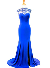 Mermaid High Neck Beaded Back African Royal Blue Prom Dresses