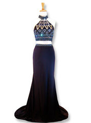 Mermaid High Neck Beaded Crystals Black Two Piece Prom Dresses