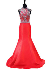 Mermaid High Neck Beaded Crystals Floor Length Backless Prom Dresses